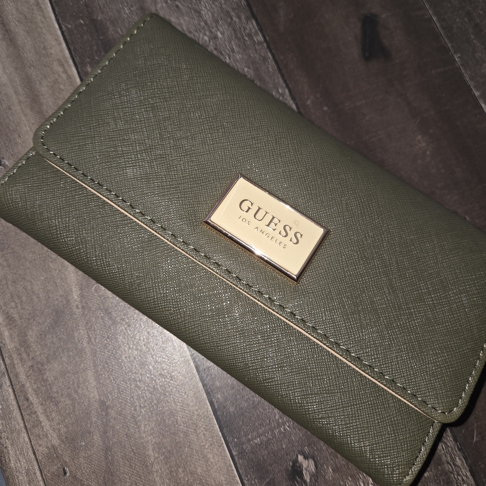 GUESS Olive Green Saffiano Wallet with Gold Plate